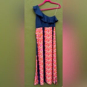 Tracy Negoshian EUC Small One Shoulder Dress Ruffles Neckline Navy Dinner Outfit